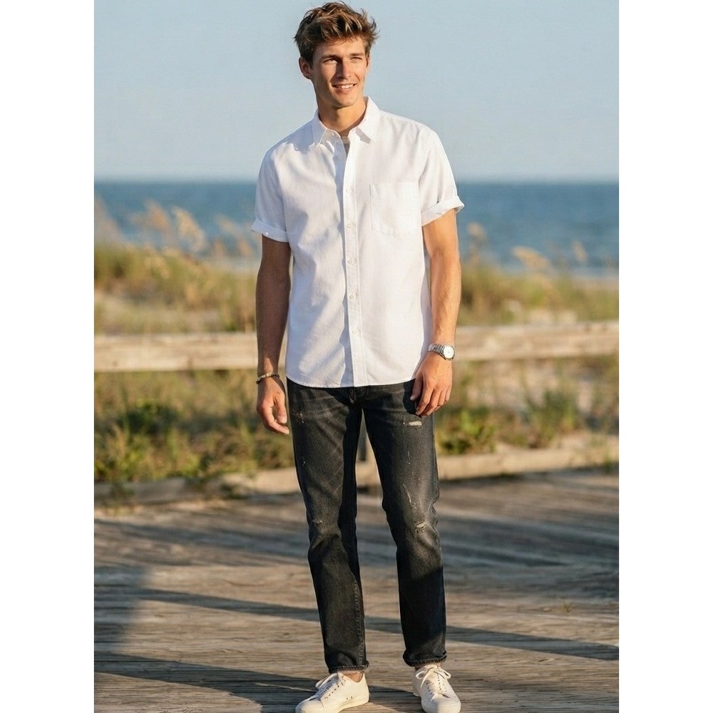 Richards Button Down Shirt Mens Size 4 White Good Short Sleeve Pure Cotton